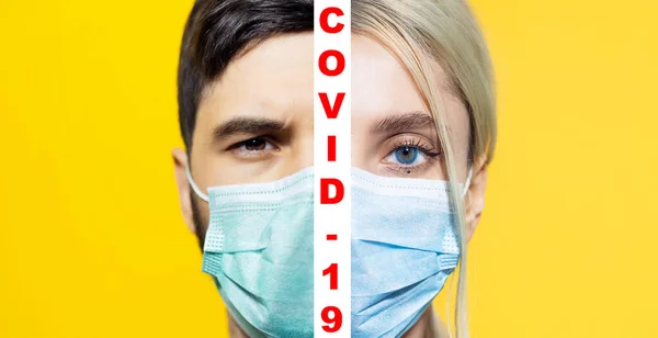 Collage of studio half face portraits of young woman and man, wearing safety medical flu mask against coronavirus. Isolated on yellow background. Covid-19 text between pictures.