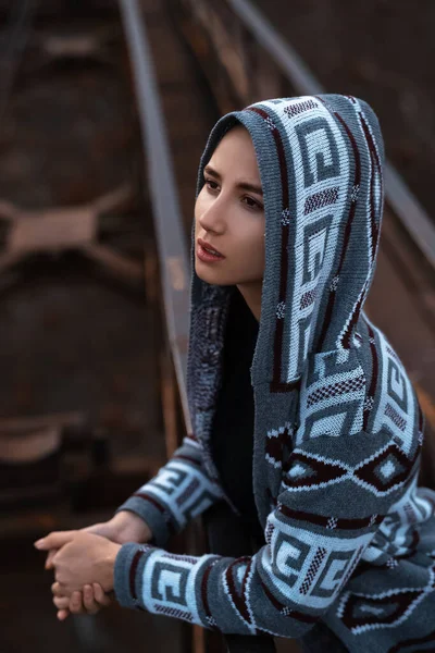 Dramatic Outdoor Portrait Young Teenage Hooded Girl Standing Abandoned Old — Stock Photo, Image