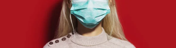 Young Girl Wearing Medical Respiratory Face Mask Coronavirus Panoramic Portrait — Stock Photo, Image