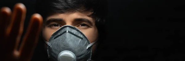 Coronavirus Prevention Close Portrait Young Guy Wearing Protective Medical Respiratory — Stock Photo, Image