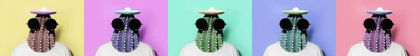 Minimális Pop Art Kollázs Portrék Zöld Kaktuszfejű Férfi Fekete Kerek — Stock Fotó
