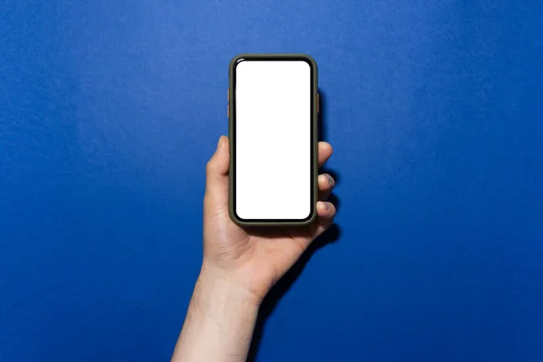 Närbild Manliga Handen Håller Smartphone Fall Med Mockup Bakgrund Fantom — Stockfoto