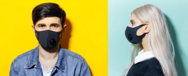 Coronavirus 'a karşı solunum koruyucu maskesi takan genç erkek ve kızın iki portresinin kolajı, arka planda izole edilmiş sarı ve cyan, su menisi rengi.