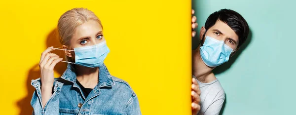 Collage Ung Kille Och Flicka Bär Medicinsk Ansiktsmask Mot Coronavirus — Stockfoto