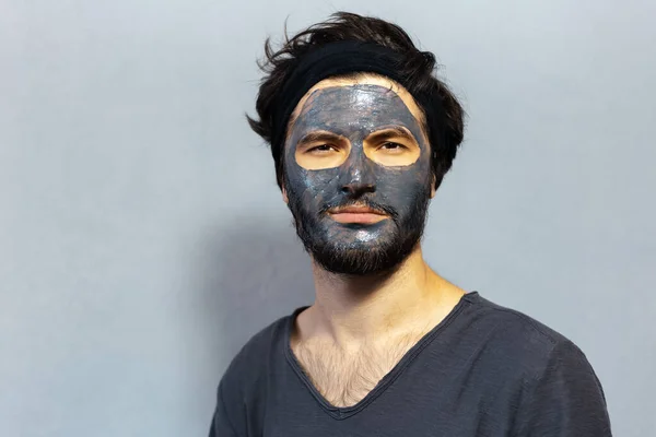 Portrait Young Disheveled Guy Beauty Facial Mask Background Grey Background — Stock Photo, Image