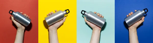 Colagem Colorida Mãos Masculinas Segurando Reutilizável Garrafa Água Térmica Eco — Fotografia de Stock