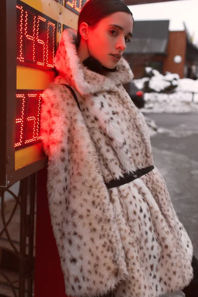 路上でオフィスの背景に毛皮のコートで美しいビジネス女性 — ストック写真