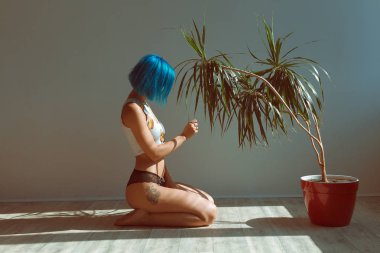 Güzel ince kız külot ve yerde bir çiçek bir tencerede yanında poz mavi saçlı bir T-shirt