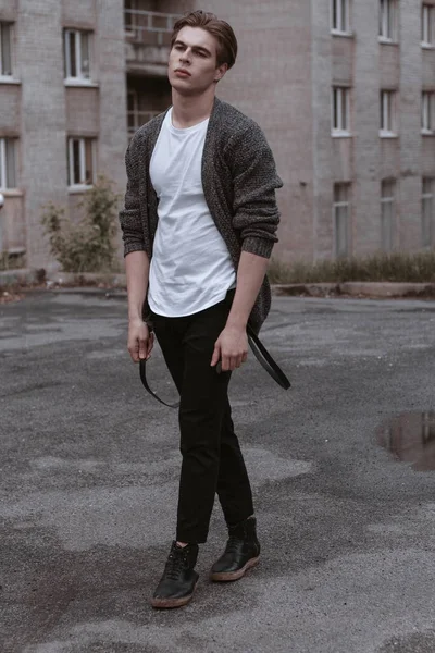 Handsome Stylish Guy Walks Old Abandoned Streets — Stock Photo, Image