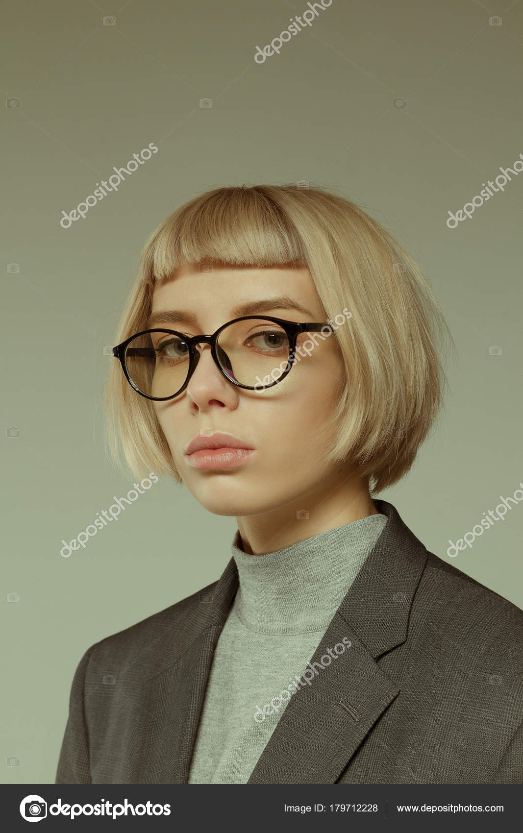 Blonde Girl Short Hair Style Fashion Glasses Stock Photo by