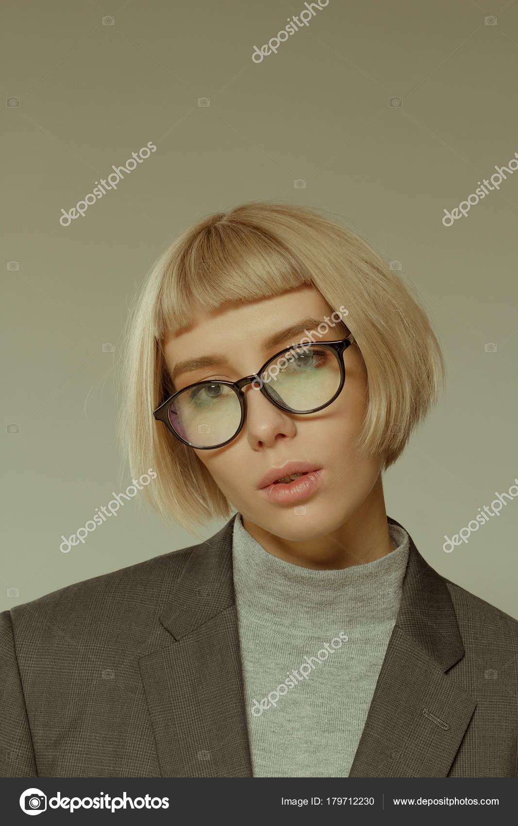 Blonde Girl Short Hair Style Fashion Glasses Stock Photo