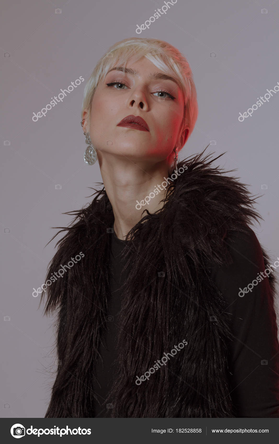 Beautiful Blonde Girl Short Hair Makeup Black Fur Coat Stock