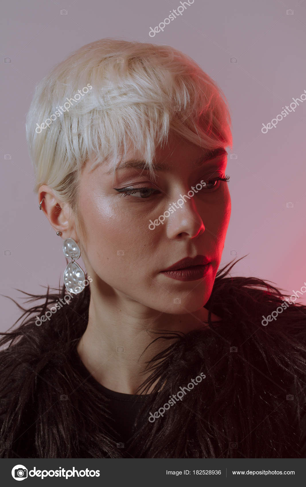 Beautiful Blonde Girl Short Hair Makeup Black Fur Coat Stock