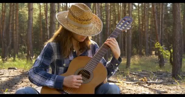 Young man plays on classical guitar in pine forest — Stock Video