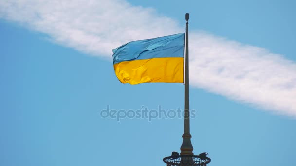 Український національний прапор махав на фоні синього неба — стокове відео