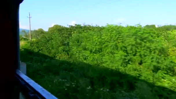 Vista da janela do trem em movimento - Aldeia, campo. Culturas. montanhas — Vídeo de Stock