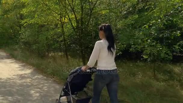 Moeder duwt baby wandelwagen op landelijke weg in door het bos — Stockvideo