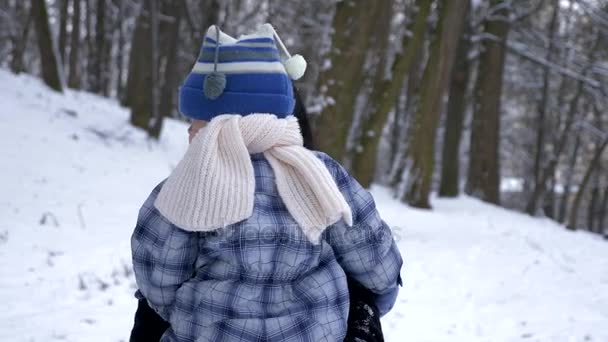快乐的母亲和孩子在公园里散步和玩耍 白雪覆盖的树木 慢动作 — 图库视频影像