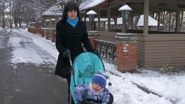 Mãe Caminha Parque Com Seu Filho Carrinho Movimento Lento Inverno — Vídeo de Stock
