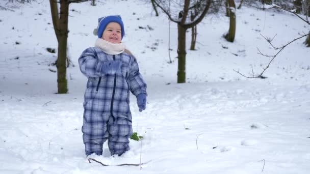 Little Boy Plays Snow Calls His Mother Slow Motion Winter — Stock Video