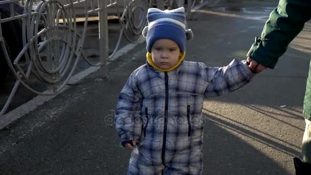 Alte Frau Nimmt Kinderhand Und Geht Mit Ihm Zeitlupe Stadtautos — Stockvideo