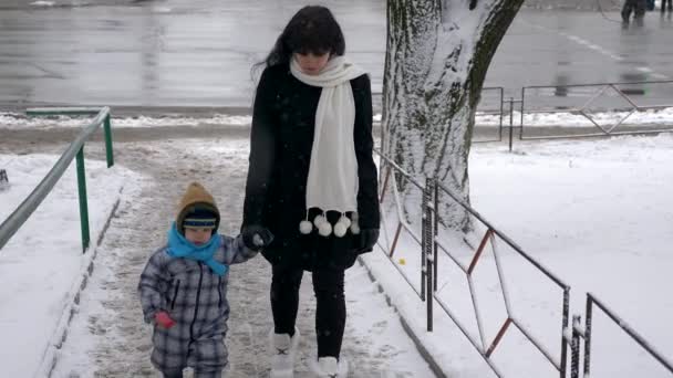 Joven Hermosa Madre Lindo Niño Caminar Aire Libre Durante Nevada — Vídeo de stock