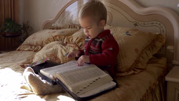 Niño Pequeño Sienta Con Biblia Cama Dormitorio Abre Libro Vuelta — Vídeo de stock