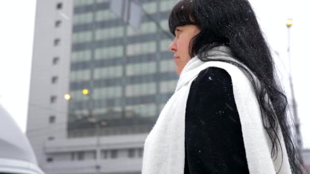 Ciddi Güzel Kadın Düşünme Yazık Şehir Hayatı Kar Yağışı Sırasında — Stok video