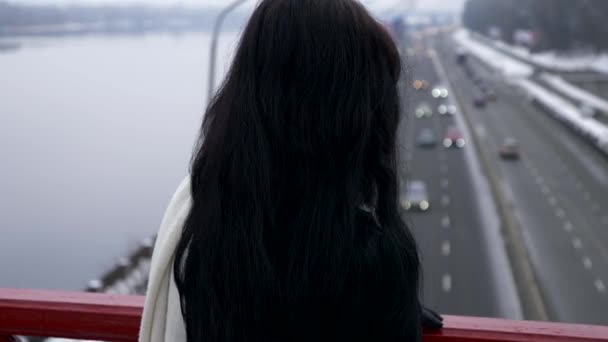 美丽的黑发站在桥以上的河流思考和展望未来 慢动作冬季 — 图库视频影像