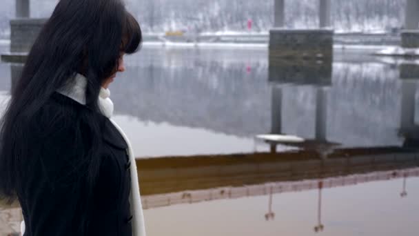 美丽的黑发站在河岸上思考和寻找水 慢动作冬季 — 图库视频影像