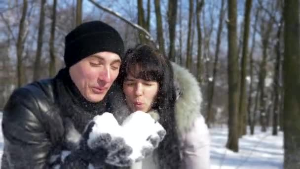 Gelukkige Paar Waait Sneeuw Sneeuwvlokken Slow Motion Zonnige Winterdag — Stockvideo