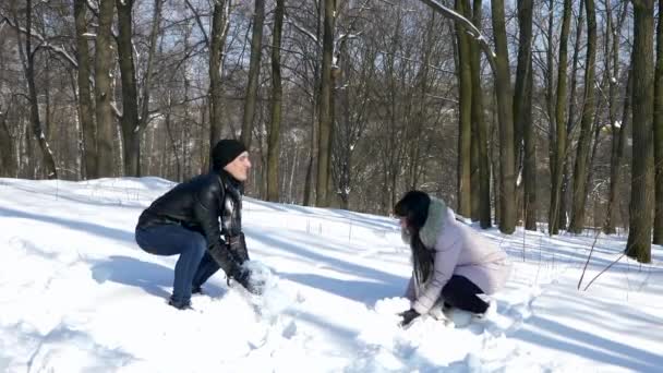 幸せな若いカップルは 雪で遊ぶ 晴れた冬の日スローモーション — ストック動画
