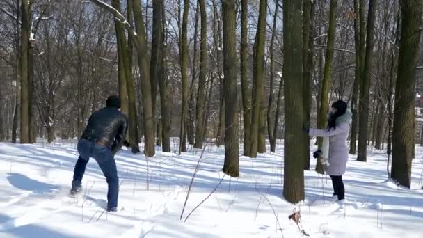 Mutlu Genç Çift Kar Ile Oynuyor Güneşli Kış Günü Ağır — Stok video