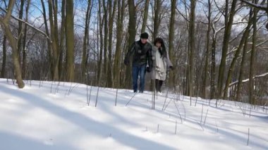 Mutlu çift el ele tutuşarak Winter Park karda yürümek. Ağır çekim kar güneşli gün
