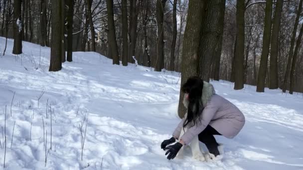 Ganska Leende Brunett Flicka Kastar Snöbollar Glada Positiva Känslor Vinter — Stockvideo