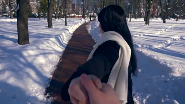 漂亮的微笑的女孩握着男人的手 沿着雪盖公园散步 冬季城市生活慢动作 Fps 实时速度 Fps — 图库视频影像