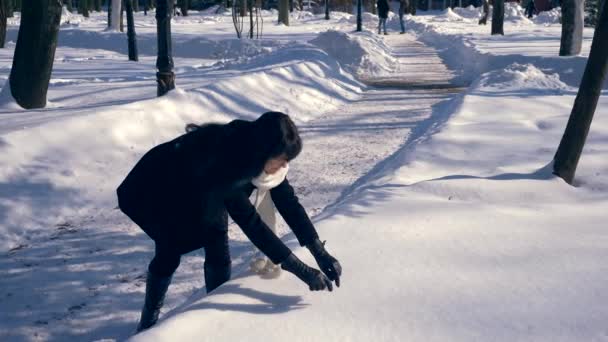 Pretty Brunette Girl Draws Heart Snow Sunny Day Winter City — Stock Video