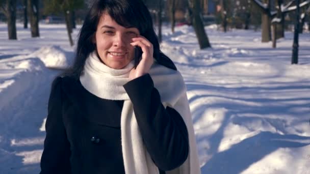 快乐的微笑美丽的女孩走在智能手机交谈 在白雪覆盖的城市公园阳光明媚的一天 慢动作 Fps 实时速度 Fps — 图库视频影像