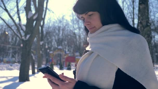 Happy Smiling Beautiful Girl Using Smartphone Sunny Day Snow Covered — Stock Video