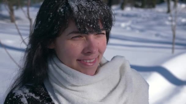 60P Retrato Muito Sorridente Menina Parque Coberto Neve Férias Inverno — Vídeo de Stock