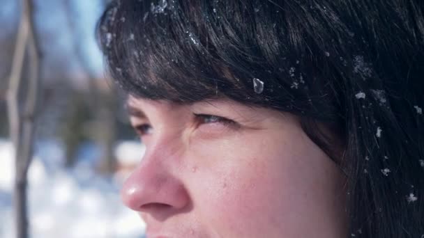 60P 肖像漂亮微笑的女孩在雪覆盖公园 城市阳光明媚的雪天 — 图库视频影像