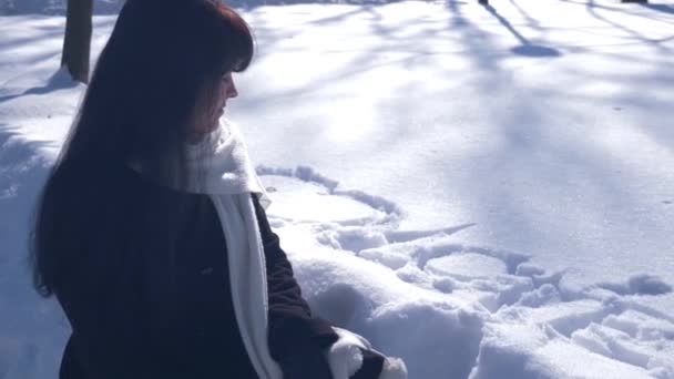 60P 思维的女孩坐在附近画词爱在两颗心之间的雪在公园 情人节 城市冬季假期 — 图库视频影像