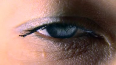 Yakın çekim. Makro mavi dişi insan gözü. Öğrenci kornea Iris gözün kirpik. Yanıp sönme açık kapalı. 30p ağır çekim 1/2 gerçek zamanlı hız 60p