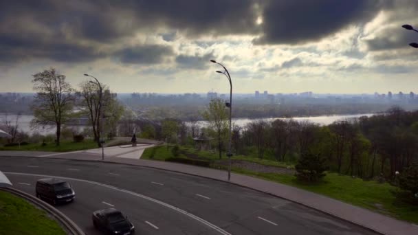 Mañana Amanece Sobre Ciudad Landscape Cityscape Highway Bridge Vista Orilla — Vídeos de Stock