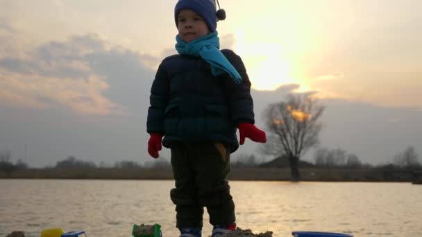 Serious Cute Child Stands Looking Someone Little Boy Waiting Patiently — Wideo stockowe