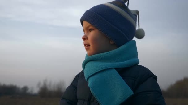 Μικρό Παιδί Κοιτάζει Κάποιον Βλέπει Ηλιοβασίλεμα Αγόρι Waits Στέκεται Ανάμεσα — Αρχείο Βίντεο
