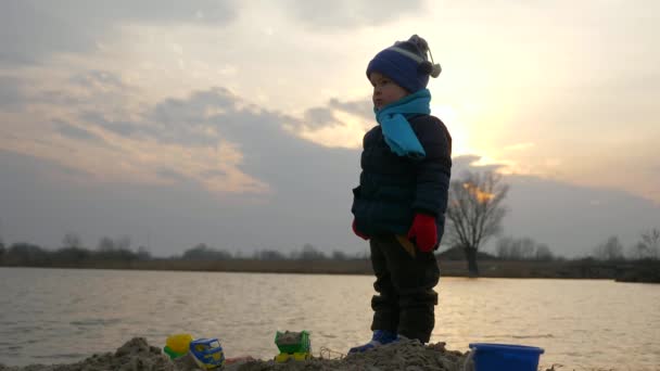 Serious Cute Child Stands Looking Someone Little Boy Waiting Patiently — Wideo stockowe