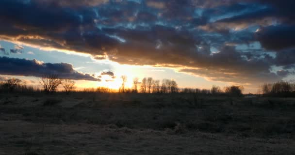 Sunset Cloudscape Acima Paisagem Campo Sun Flares Grove Perto Rural — Vídeo de Stock