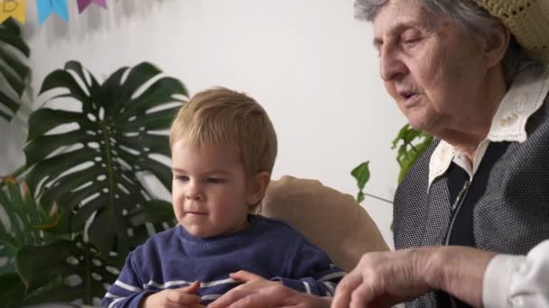 Overgrootmoeder Leesboek Met Achterkleinkind Active Elderly Woman Babysitten Met Little — Stockvideo