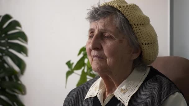 老年老年妇女老年曾祖母的画像 安安静静坐在扶手椅上 慢动作0 5速度 — 图库视频影像
